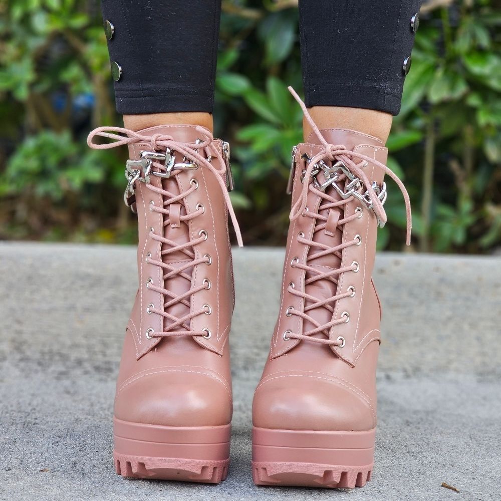 Women's Nude Platform Heel Boots Chunky Ankle Lace Up - Picture 4 of 6